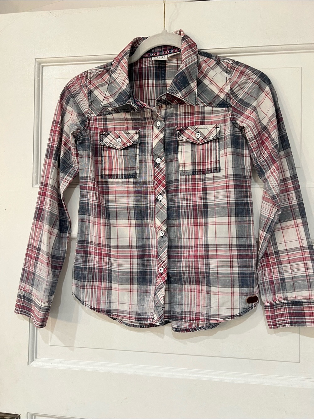 Roxy Girls M 10 Plaid Button-Up Shirt Long Sleeve Western  Burgundy Gray